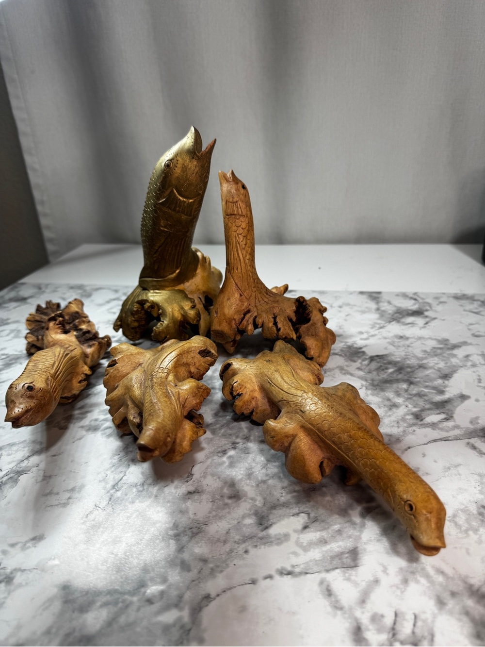 Lot of 5 Vintage Hand Carved Sculpt Fish Eel from Burl Wood Drift Wood Unique
